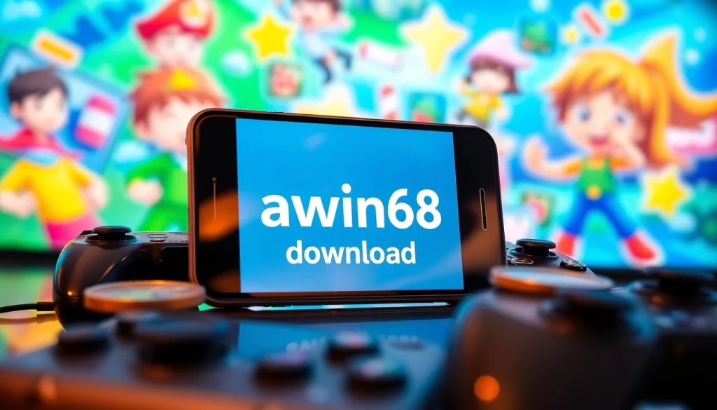 Experience the awin68 download on a smartphone displaying vibrant gaming graphics.