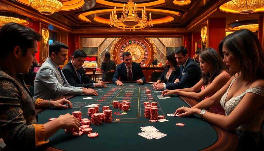 The thrilling poker game at e28 casino features colorful chips and eager players, highlighting the excitement of gambling.