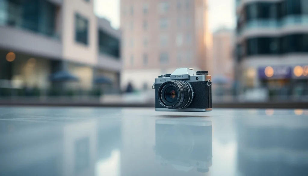 Showcase of a miniature camera, emphasizing its intricate design and compact features.