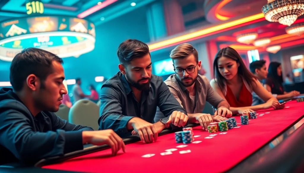 Intense Online poker action with diverse players at a vibrant casino table illuminated by ambient lighting.