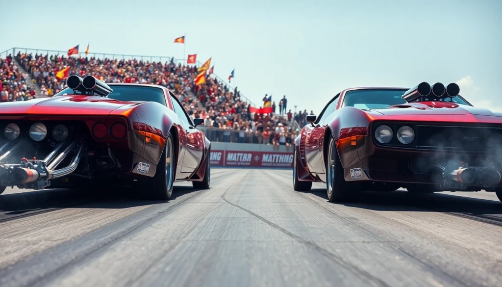Drag Racing competition highlighting intense cars racing at high speed on a drag strip.