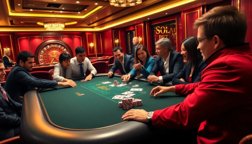 Players celebrating wins at Solarbet Casino's lively poker table with chips and cards.