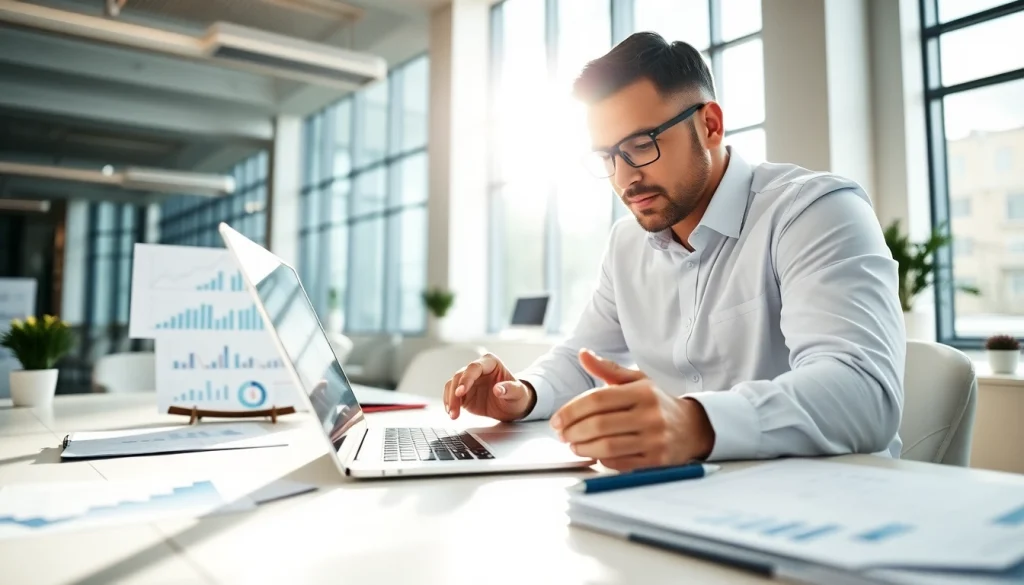 Advisor using FINRA BrokerCheck tool to verify investment professional backgrounds in a modern office.