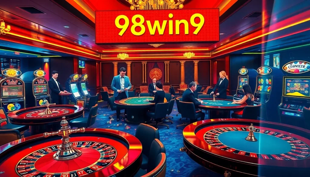 Gamble at 98win9 casino, showcasing players at a lively roulette table with chips and cards.
