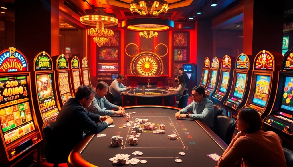 Players at the BJ88 online casino engage in intense poker match, surrounded by vibrant slots and betting excitement.
