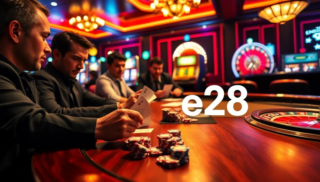 Experience high-stakes poker at e28 casino, with vibrant chips and tension-filled gameplay.