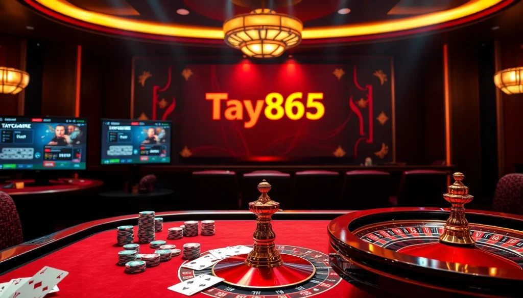 Taya365 INK showcases an exciting online casino atmosphere with vibrant gaming activities, poker chips, and roulette