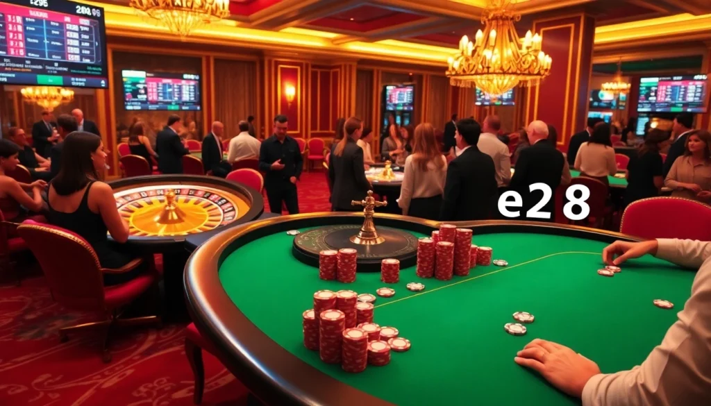 Experience the excitement of e28 casino tables bustling with players and vibrant poker chips.