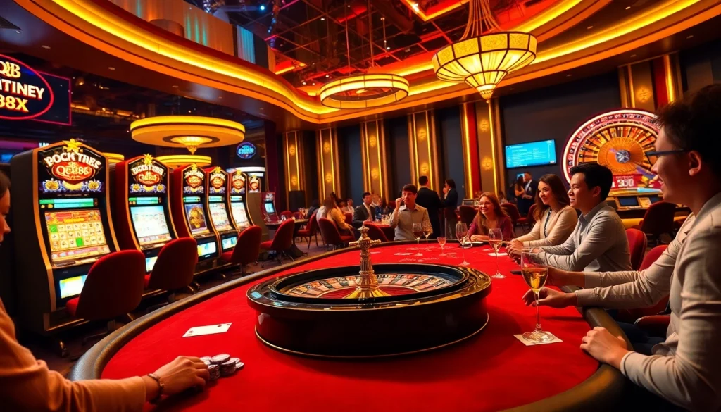 Excited players at a QQ 88 casino table celebrating wins with colorful chips and cards in hand.
