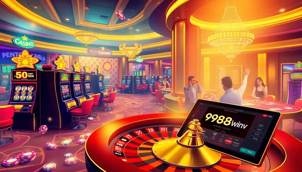 Players enjoying the electrifying atmosphere at 98win9 dev casino with thrilling slot machines and poker tables.