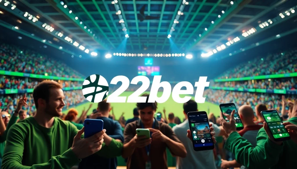 Engage with 22bet as enthusiastic bettors enjoy a vibrant sports event atmosphere.