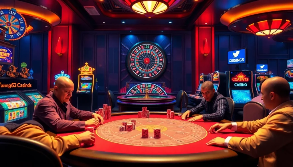 Experience the excitement of casino gaming at https://twin68.network/ featuring a vibrant poker table and thrilling slot machines.