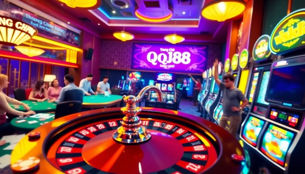 Engage in thrilling gambling excitement at the trang chủ qq88 casino scene featuring a roulette wheel and poker players.