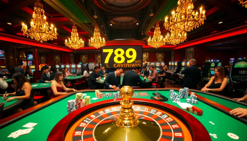 Salient casino scene showcasing the excitement of đăng nhập 789win with poker tables, chips, and a roulette wheel.