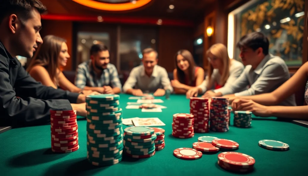 Play online poker kr ly with colorful chips and engaged players in a lively setting.