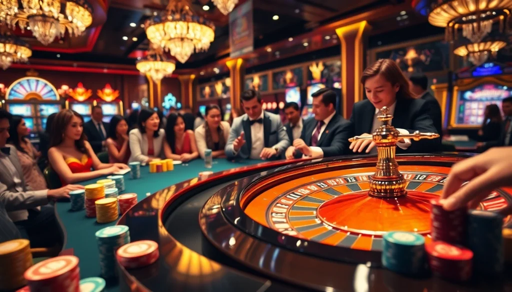Roulette excitement at https://jili777.fit/ featuring colorful chips and players in an elegant casino setting.