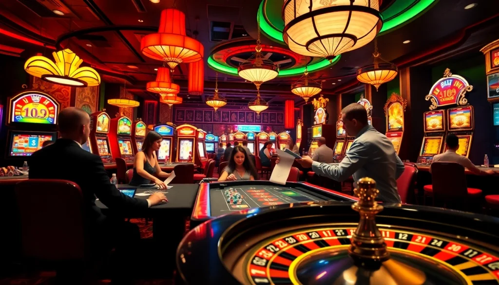 Exciting casino scene at Nhà cái BJ88 with players engaged at roulette and poker tables.