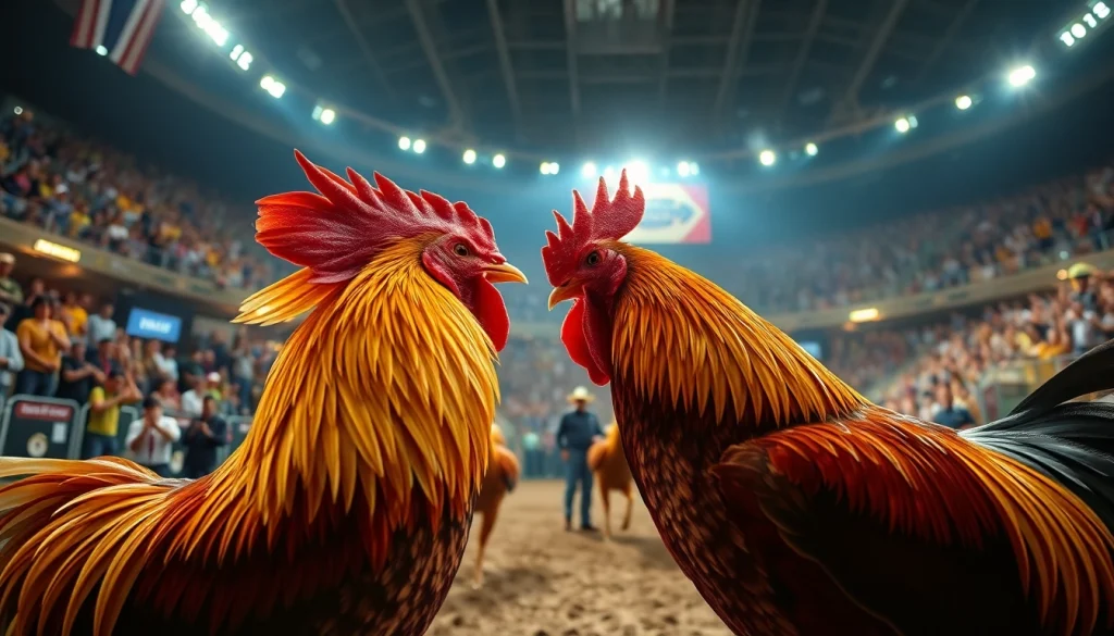 Witness the excitement of a cockfighting match at 69vn.rodeo, showcasing vibrant roosters and energetic spectators.