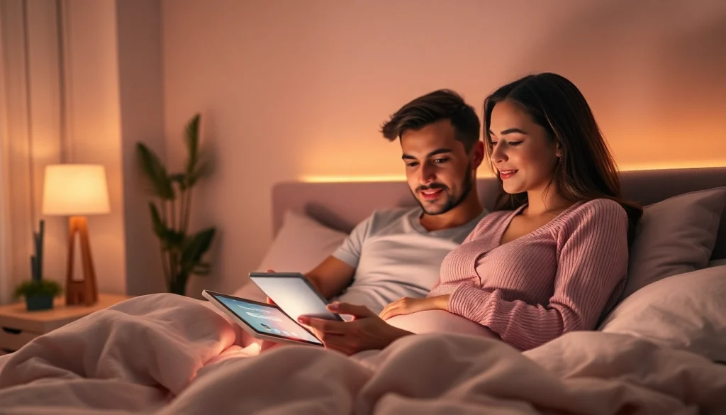 Experience AI sexting in a cozy bedroom with a couple engaged in intimate dialogue through a digital device.