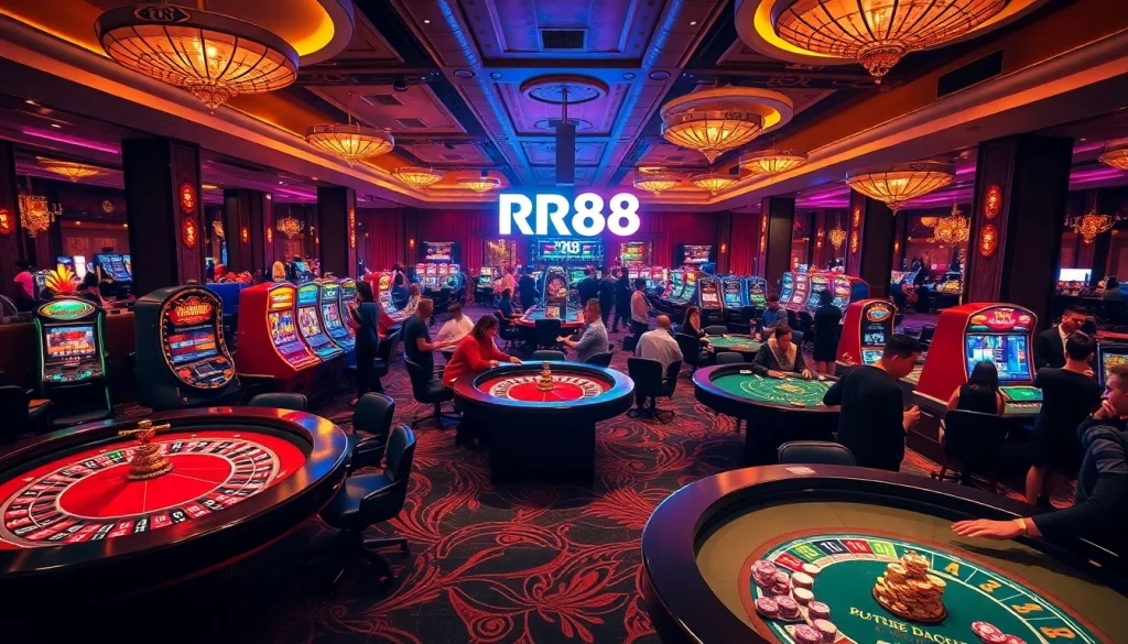 High-stakes gaming at RR88 casino with vibrant roulette tables and lively players immersed in betting.
