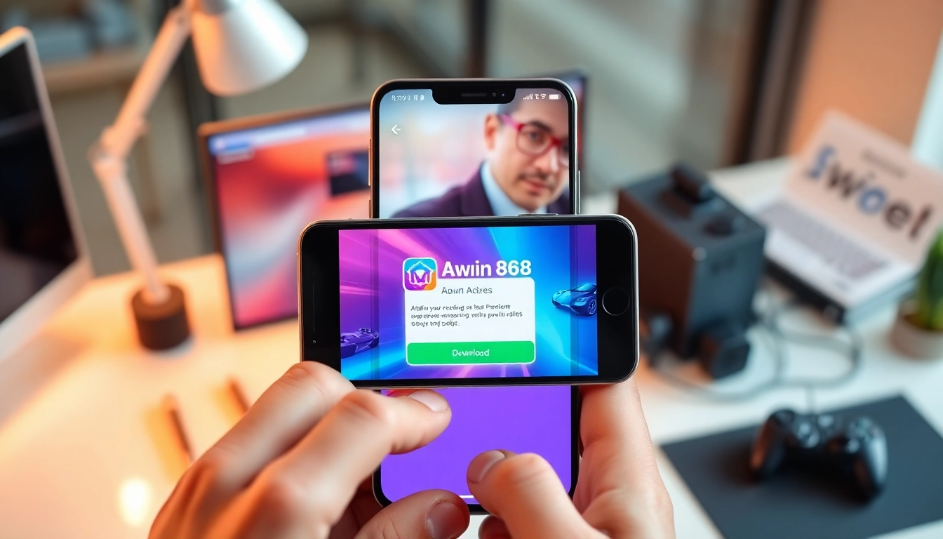 Engage with the Awin68 download experience on a smartphone in a modern setting.