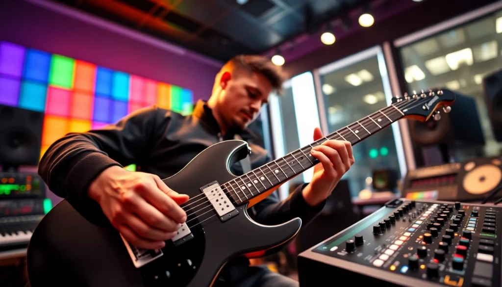 Guitarist skillfully demonstrating the features of the VG99 in a vibrant studio setting.